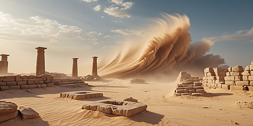Camels walking across massive orange sand dunes at sunrise